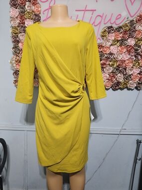 Enfocus Studio Mustard Draped Wrap Midi Dress with Ring Detail